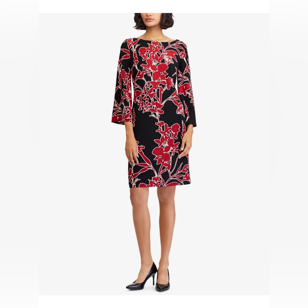 Lauren Ralph Lauren Jersey Stretch Knit Knee Length Dress size 8 Red Black